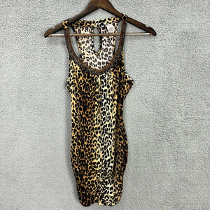 Vintage Y2K Bodycon Mini Dress Womens Large Brown Leopard Print Beaded Boho Glam